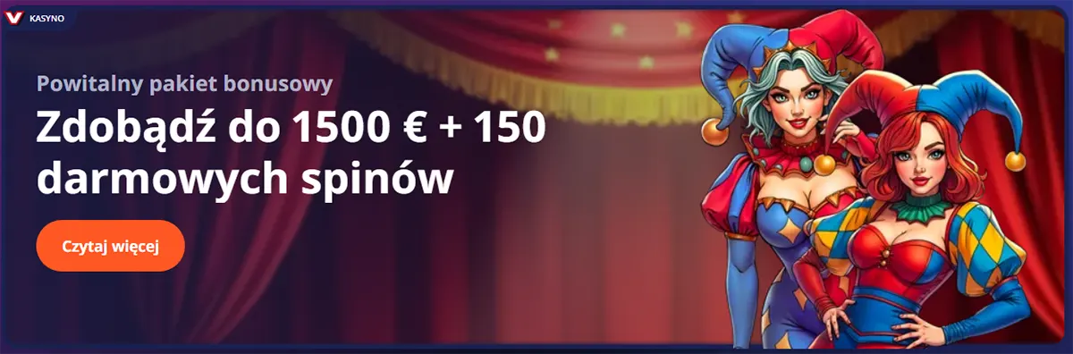 Promotional casino banner in Polish advertising a welcome package up to €1,500 plus 150 free spins, with an orange “Read more” button and two colourful jester characters on the right.