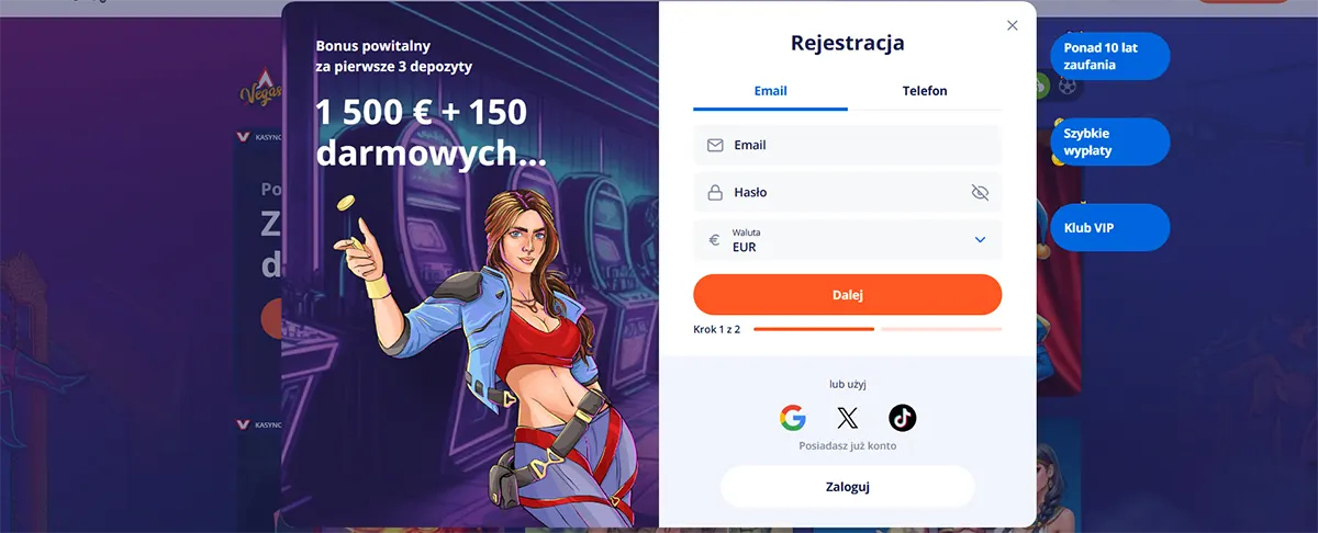 Casino registration pop-up in Polish with email/password fields and an orange “Next” button, shown over a promo banner featuring a female character and a €1,500 + 150 free spins offer with trust, fast payouts, and VIP badges.